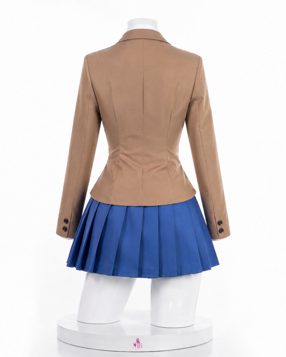 Monika DDLC cosplay costume back view showing the fitted brown school uniform jacket and blue pleated skirt