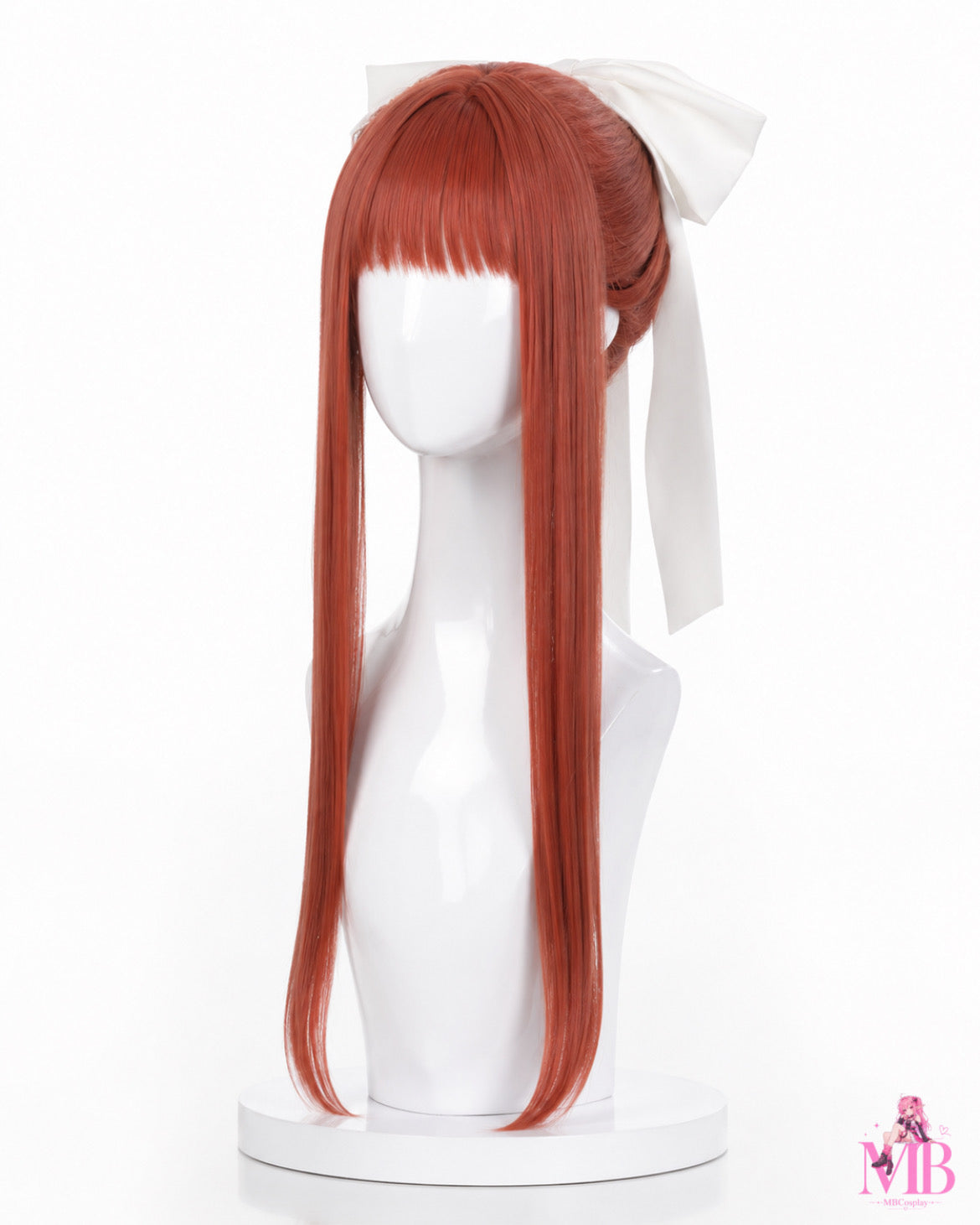 Monika DDLC cosplay wig with long reddish brown hair, straight bangs, long front sections and large white character hair bow