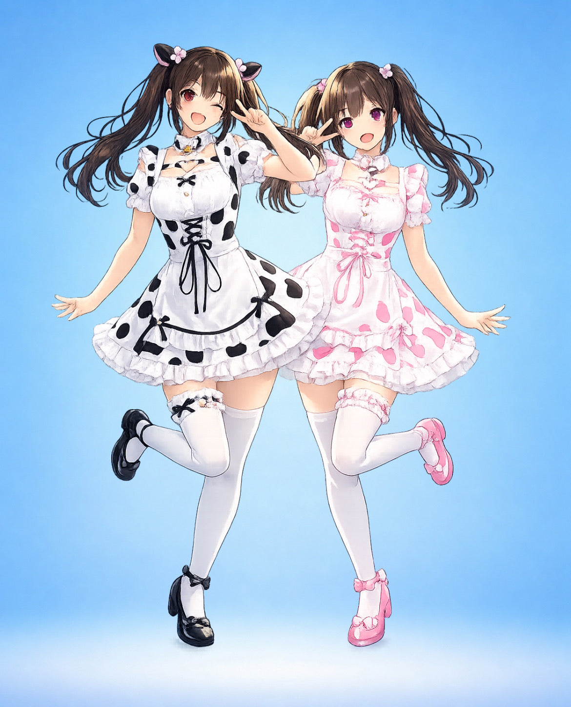 Anime-style models wearing the MooBelle Sweetheart Kawaii Cow Print Lolita Dress in black and pink colourways, featuring kawaii Lolita details, bows, ruffles and Y2K fairy-inspired fashion.