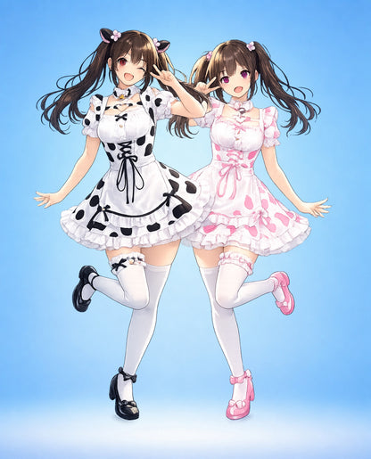 Anime-style models wearing the MooBelle Sweetheart Kawaii Cow Print Lolita Dress in black and pink colourways, featuring kawaii Lolita details, bows, ruffles and Y2K fairy-inspired fashion.