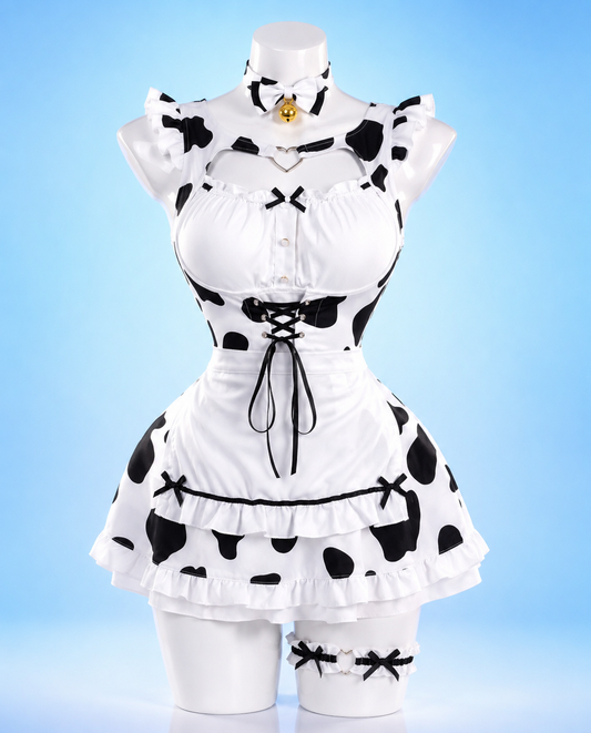 MooBelle Sweetheart Kawaii Cow Print Lolita Dress in black and white cow print displayed on a mannequin, featuring ruffle trim, lace-up bodice, bell choker and kawaii Y2K fairy aesthetic.