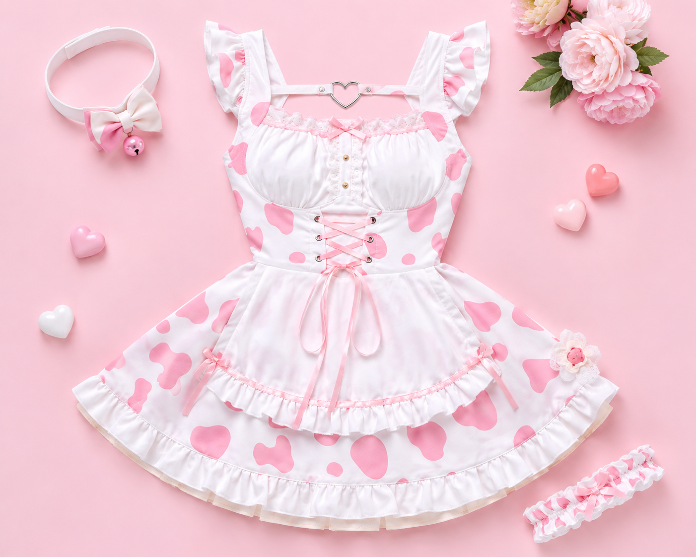 Flat lay display of the pink MooBelle Sweetheart Kawaii Cow Print Lolita Dress with matching bell choker and garter accessory on a pastel pink background.