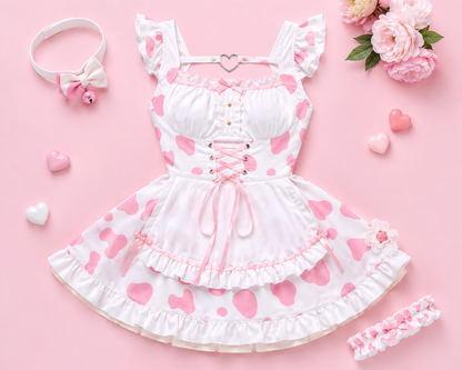 Flat lay display of the pink MooBelle Sweetheart Kawaii Cow Print Lolita Dress with matching bell choker and garter accessory on a pastel pink background.