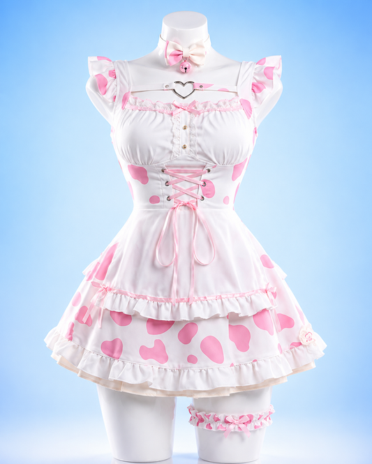 Pink MooBelle Sweetheart Kawaii Cow Print Lolita Dress displayed on a mannequin with lace-up front, ruffle details, bell choker and pastel kawaii Y2K fairy styling.
