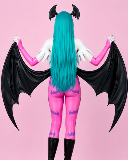 Back view of Morrigan Aensland Darkstalkers cosplay costume showing black reverse bat wings, pink tights and teal wig
