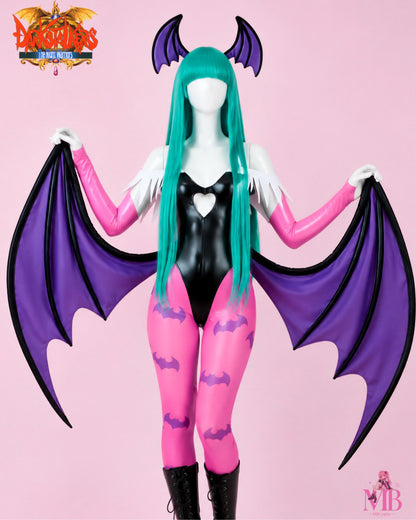 Front view of Morrigan Aensland Darkstalkers cosplay costume with purple bat wings, pink tights and teal wig