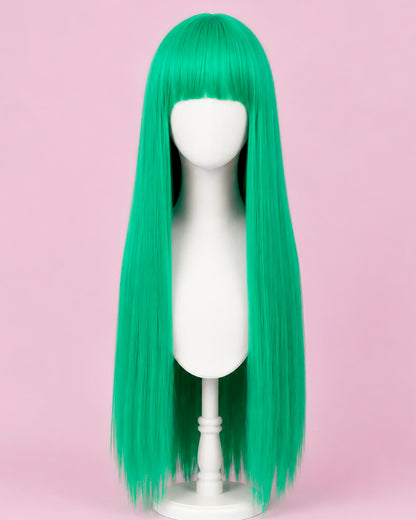 Morrigan Aensland teal cosplay wig with long straight hair and blunt fringe inspired by Darkstalkers