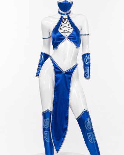 Kitana blue Edenian costume mannequin front view for Mortal Kombat | Edenian Shadow | Kitana Cosplay Costume