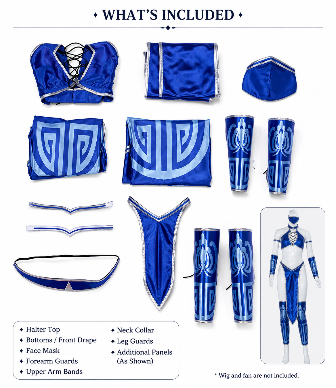 Mortal Kombat | Edenian Shadow | Kitana Cosplay Costume showing kitana costume included pieces layout