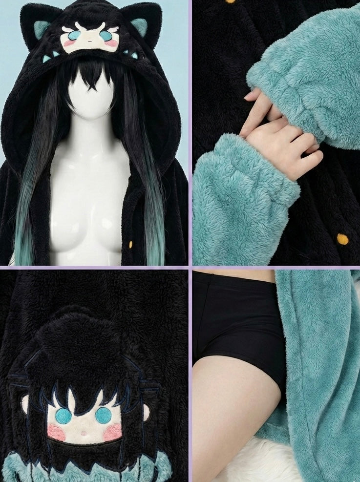 Collage of a plush toy with cat ears, a close-up of a hand, and a person wearing a teal robe.