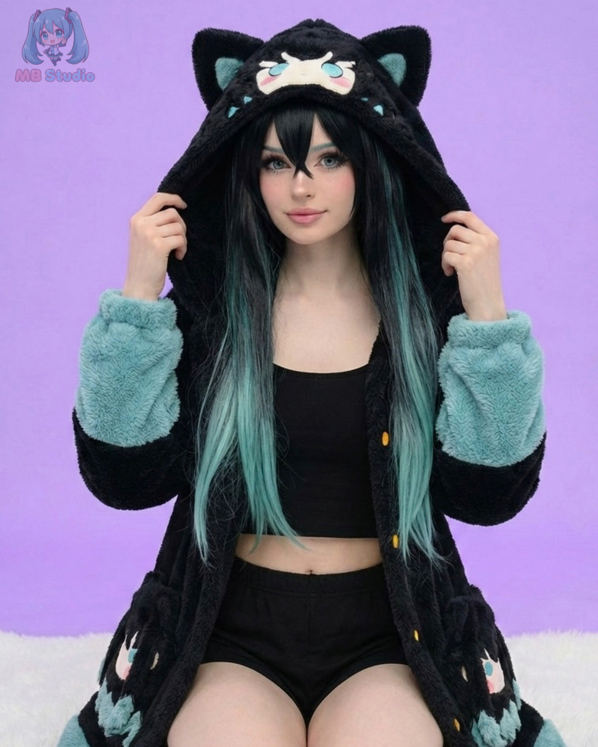 Person wearing a black and green cat-themed hoodie with a purple background