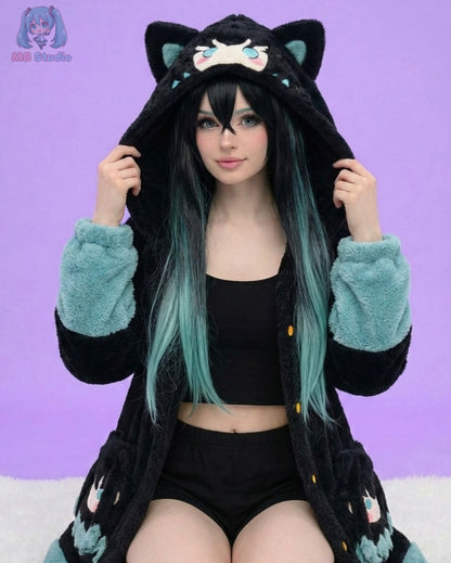 Person wearing a black and green cat-themed hoodie with a purple background