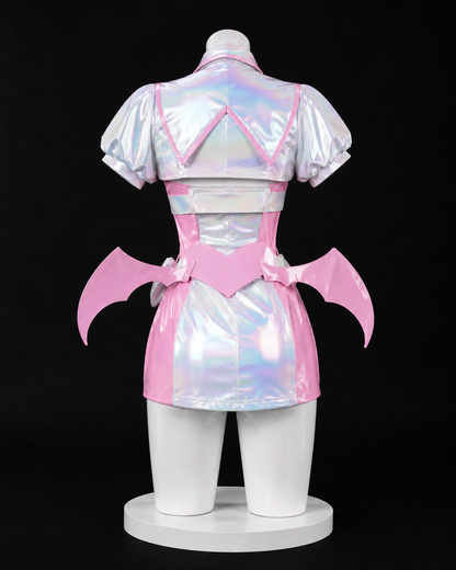 Muse Dash Buro Nocturne Bloodheir Costume & wig iridescent nurse costume back view with bat-wing panels