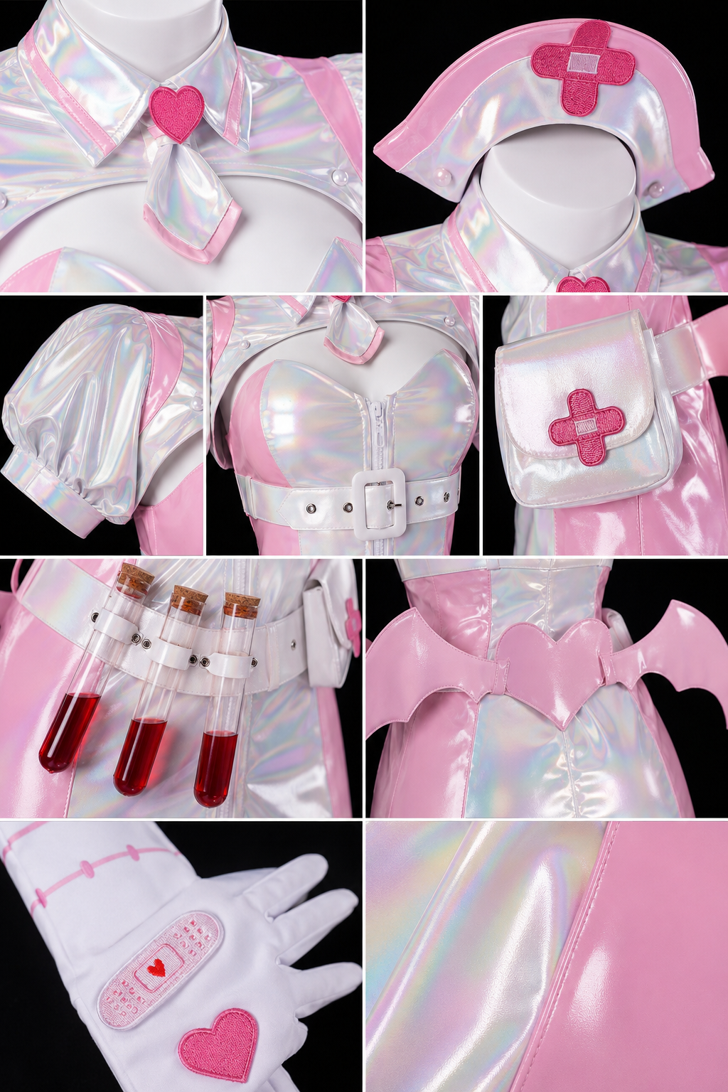 Muse Dash Buro Nocturne Bloodheir Costume & wig nurse costume close-up collage showing hat bodice gloves and fabric