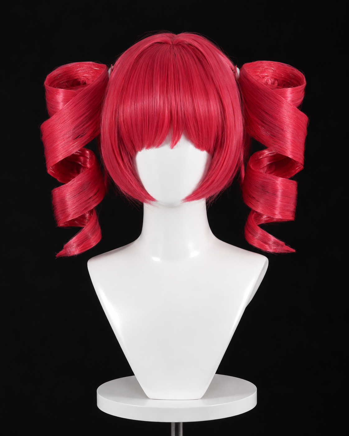 Red curled cosplay wig on mannequin for Muse Dash Buro Nocturne Bloodheir Costume & wig