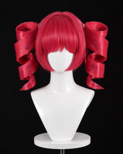 Red curled cosplay wig on mannequin for Muse Dash Buro Nocturne Bloodheir Costume & wig