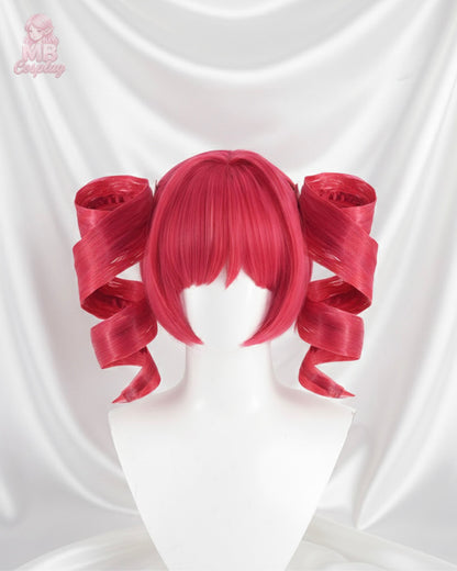 Front view of Muse Dash Buro Nocturne Bloodheir pre-styled cosplay wig in vibrant pink with signature drill curls and blunt bangs.