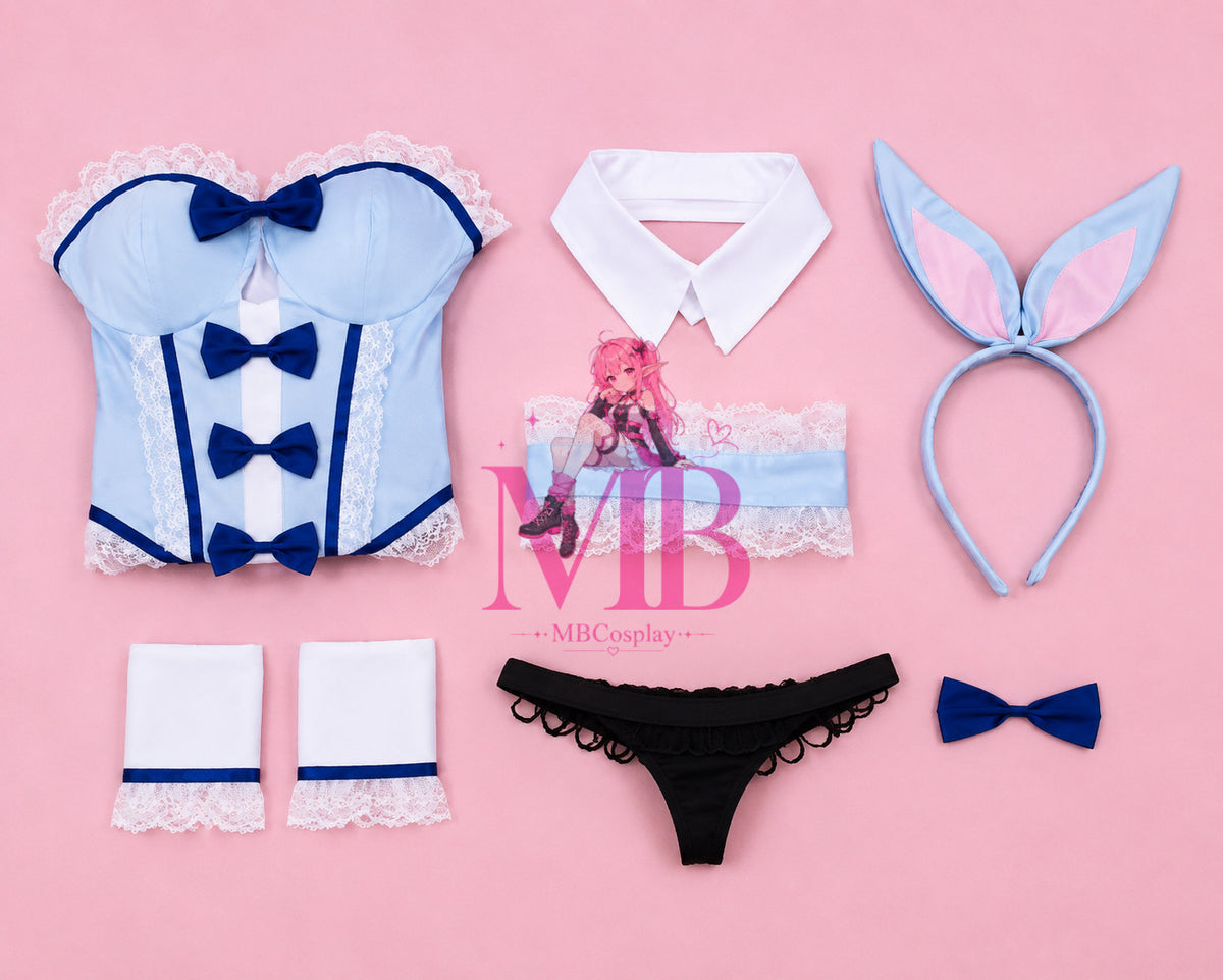 My Dress-Up Darling Kitagawa Marin Bunny Girl Cosplay Costume bunny costume set flat lay with bodice collar ears cuffs and stockings