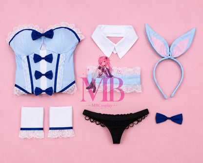 My Dress-Up Darling Kitagawa Marin Bunny Girl Cosplay Costume bunny costume set flat lay with bodice collar ears cuffs and stockings