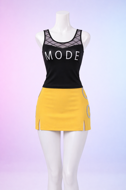 Black tank top with 'MODE' text and yellow skirt on a mannequin against a gradient background