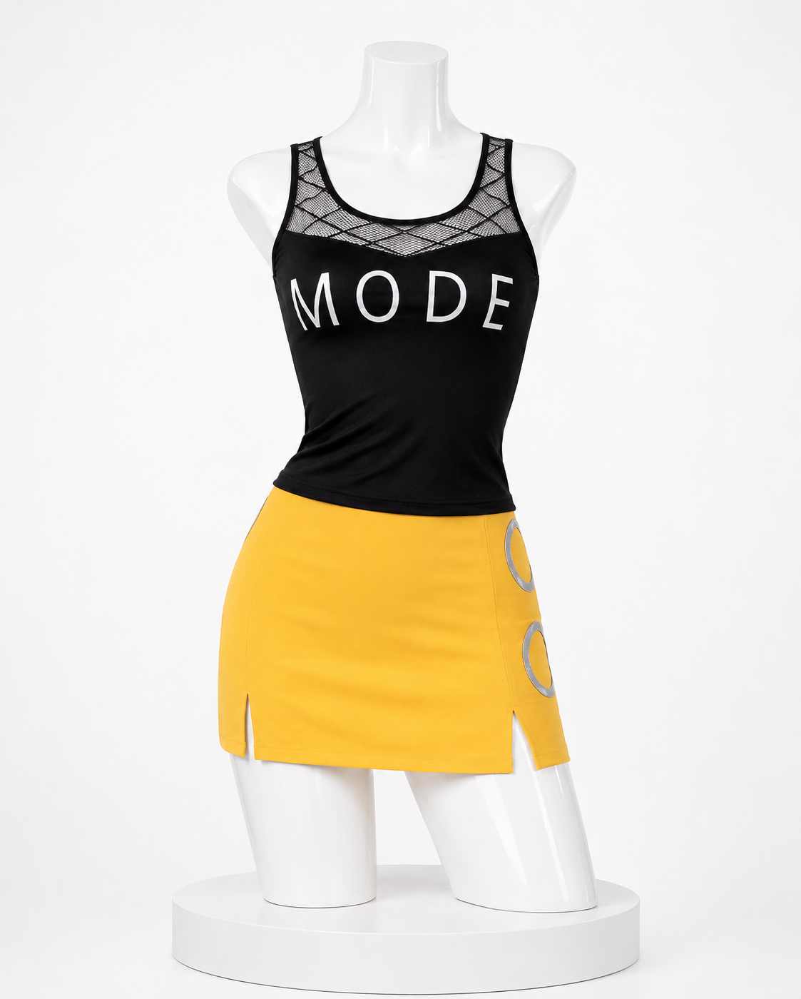 Nami black and yellow outfit mannequin front view for Nami One Piece Cosplay Costume Outfits & Optional Wig Set