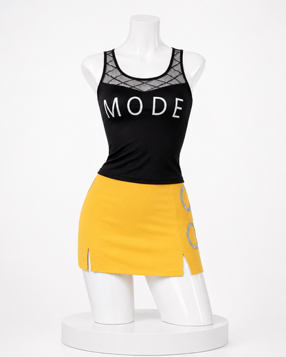 Nami black and yellow outfit mannequin front view for Nami One Piece Cosplay Costume Outfits & Optional Wig Set