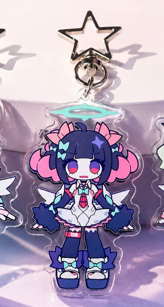 Anime character keychain with a star on a clear background