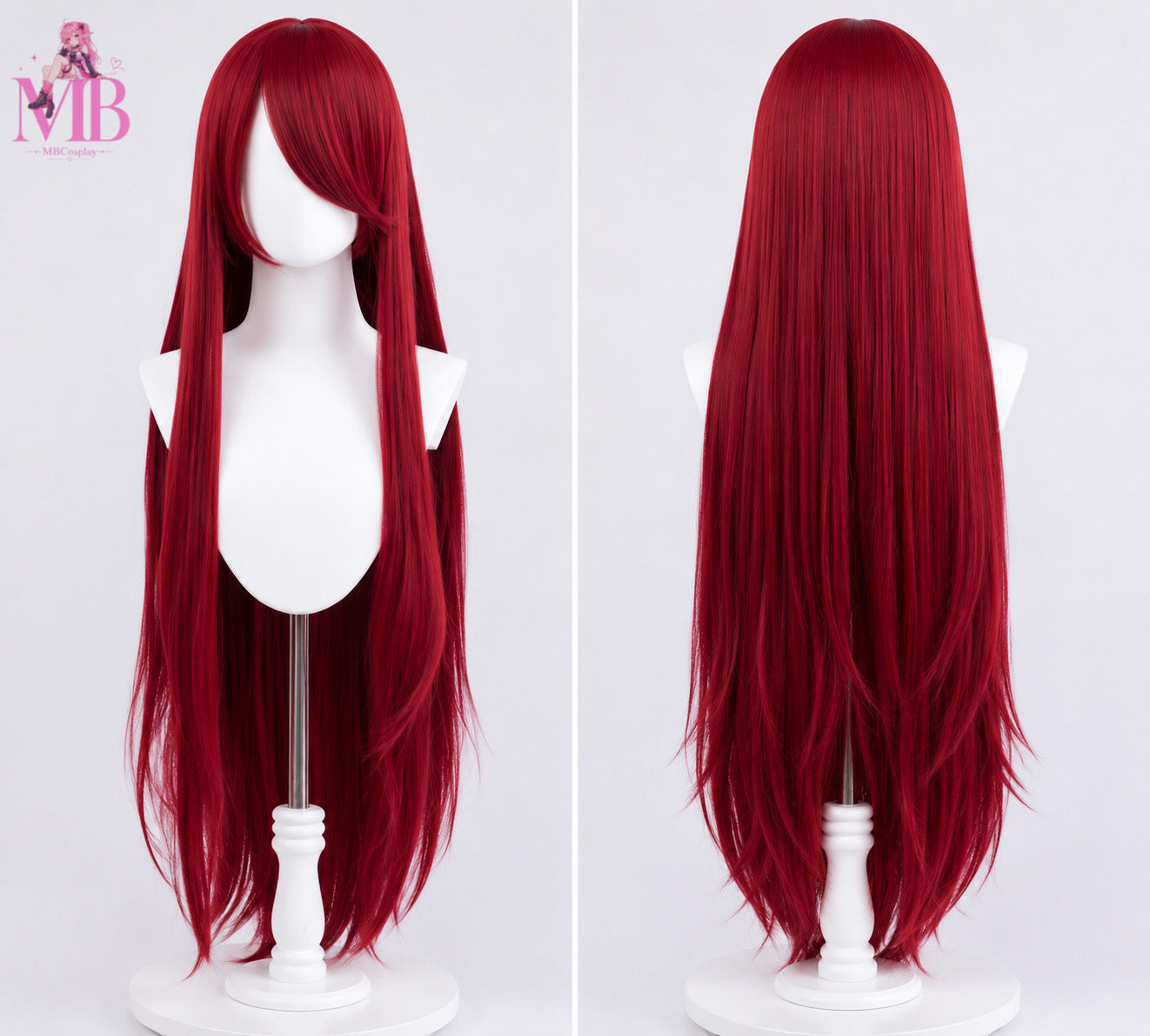 Naruto Kushina Uzumaki 100cm wine red cosplay wig front view featuring a long straight deep wine red anime wig with side-swept fringe displayed on a premium white mannequin bust in a professional studio setting.