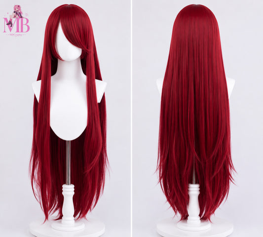 Naruto Kushina Uzumaki 100cm wine red cosplay wig front view featuring a long straight deep wine red anime wig with side-swept fringe displayed on a premium white mannequin bust in a professional studio setting.