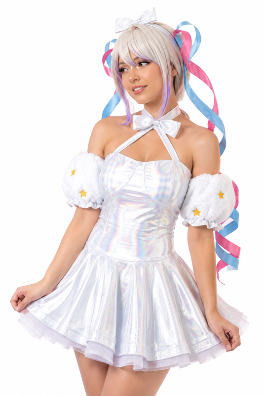 Needy Streamer Overload Ame-chan cosplay costume worn by model with iridescent white dress, star sleeves and pink blue ribbon wig