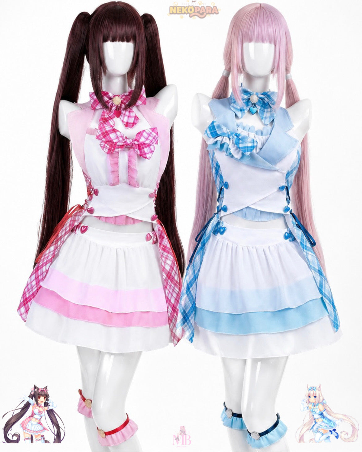 Nekopara Chocola & Vanilla Cosplay Costume pink and blue Chocola and Vanilla maid costumes with matching wigs