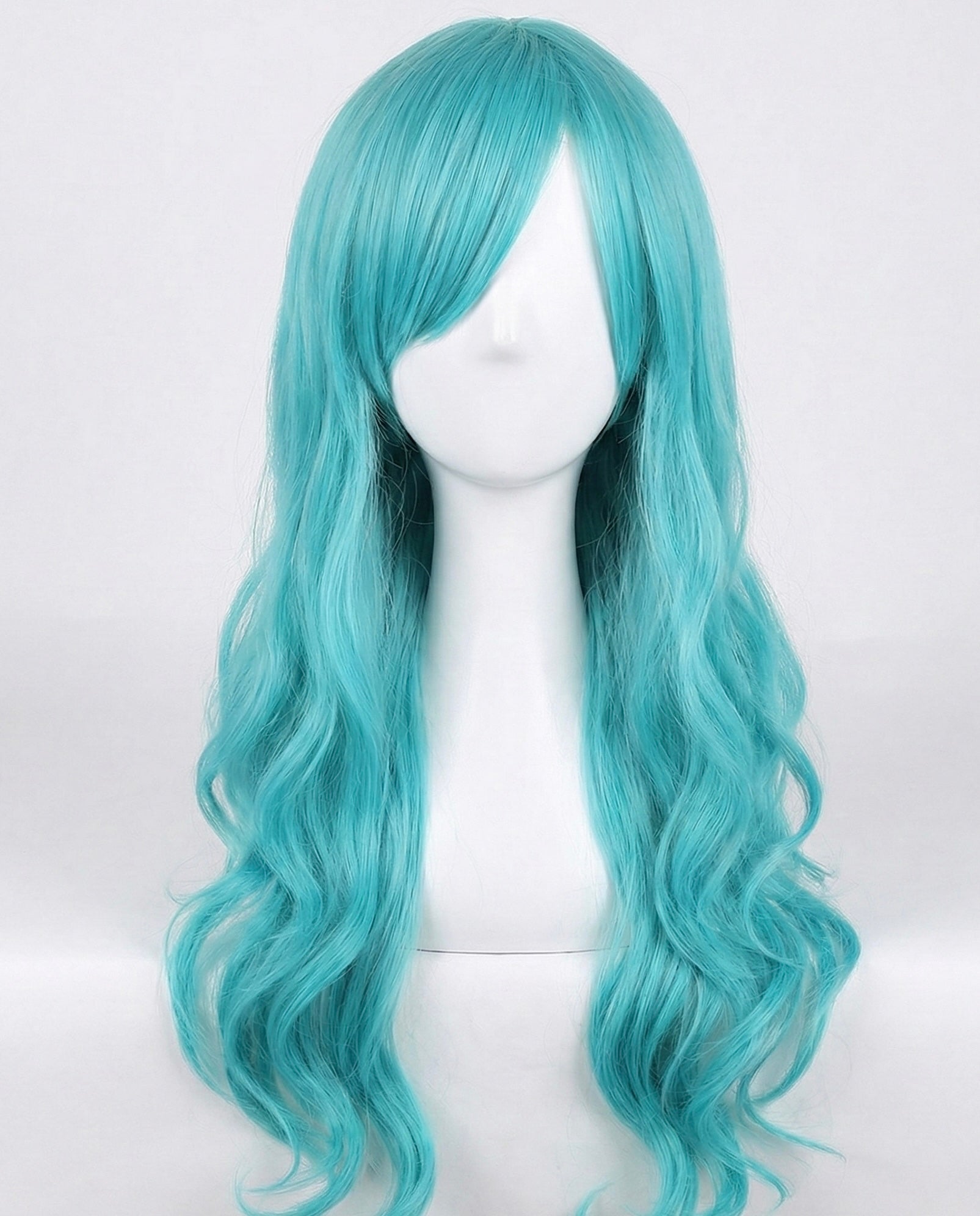 Turquoise wig on a mannequin head against a white background