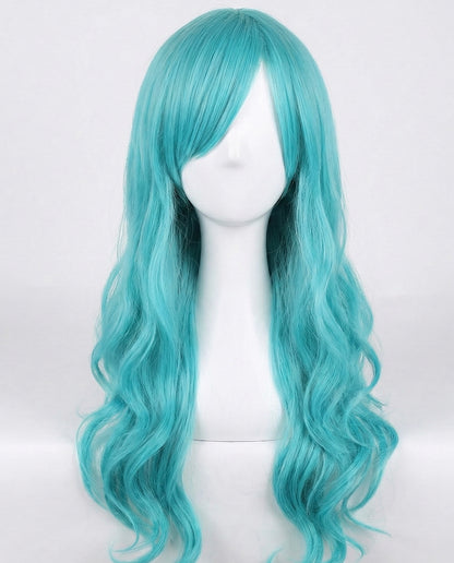 Turquoise wig on a mannequin head against a white background