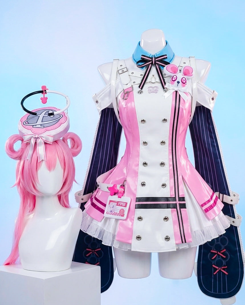 Cosplay costume with pink and white outfit and pink wig on a mannequin against a light blue background