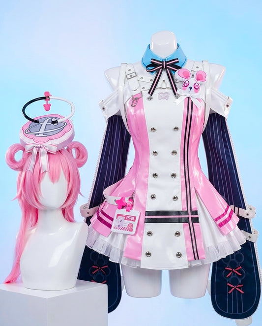 Cosplay costume with pink and white outfit and pink wig on a mannequin against a light blue background