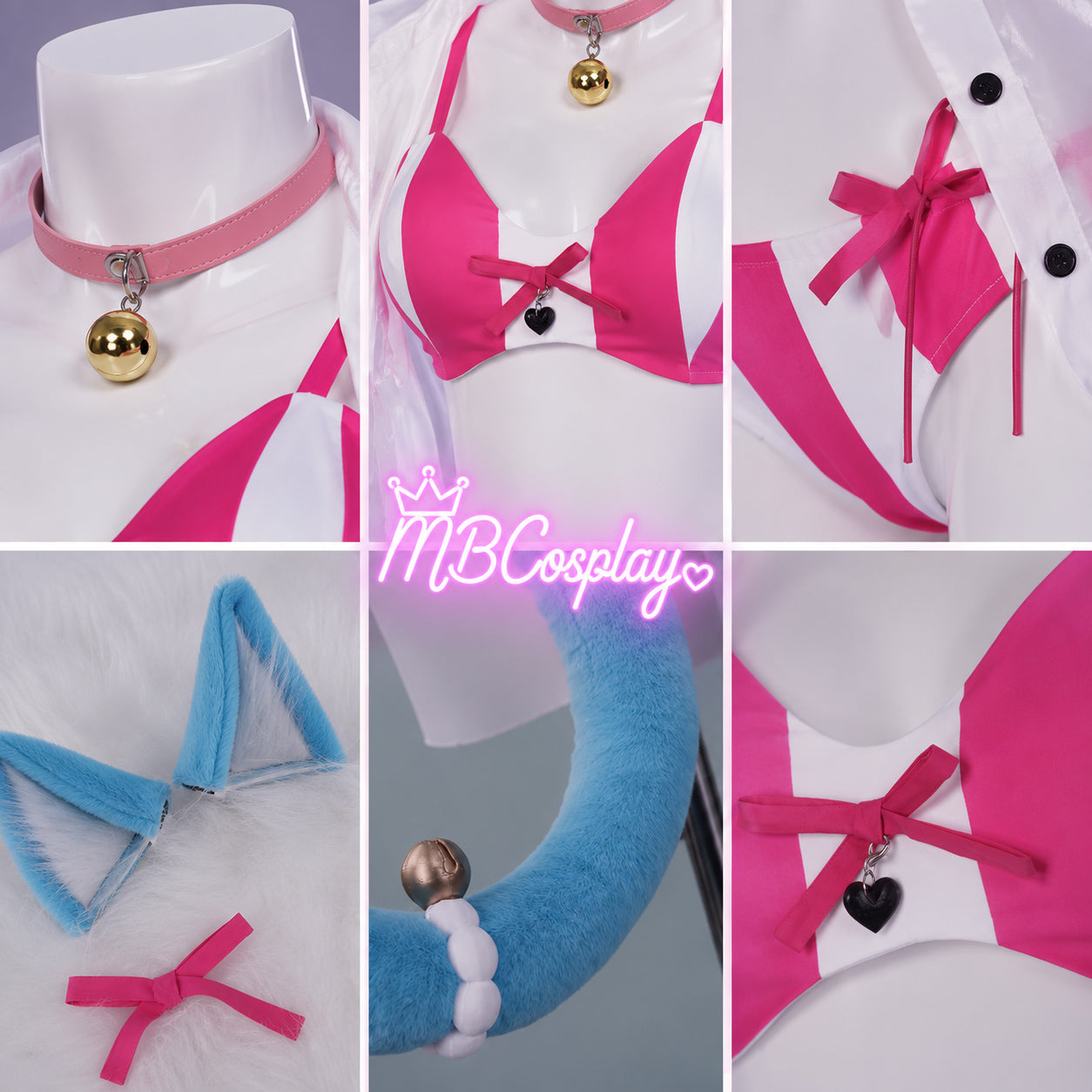 A 3x2 collage showing multiple views of a pink and white sailor-style costume set with a pink collar and gold bell, a pink bra top, a blue fluffy tail with a gold bell, and a blue fluffy ear accessory. A central watermark reads MBCosplay.