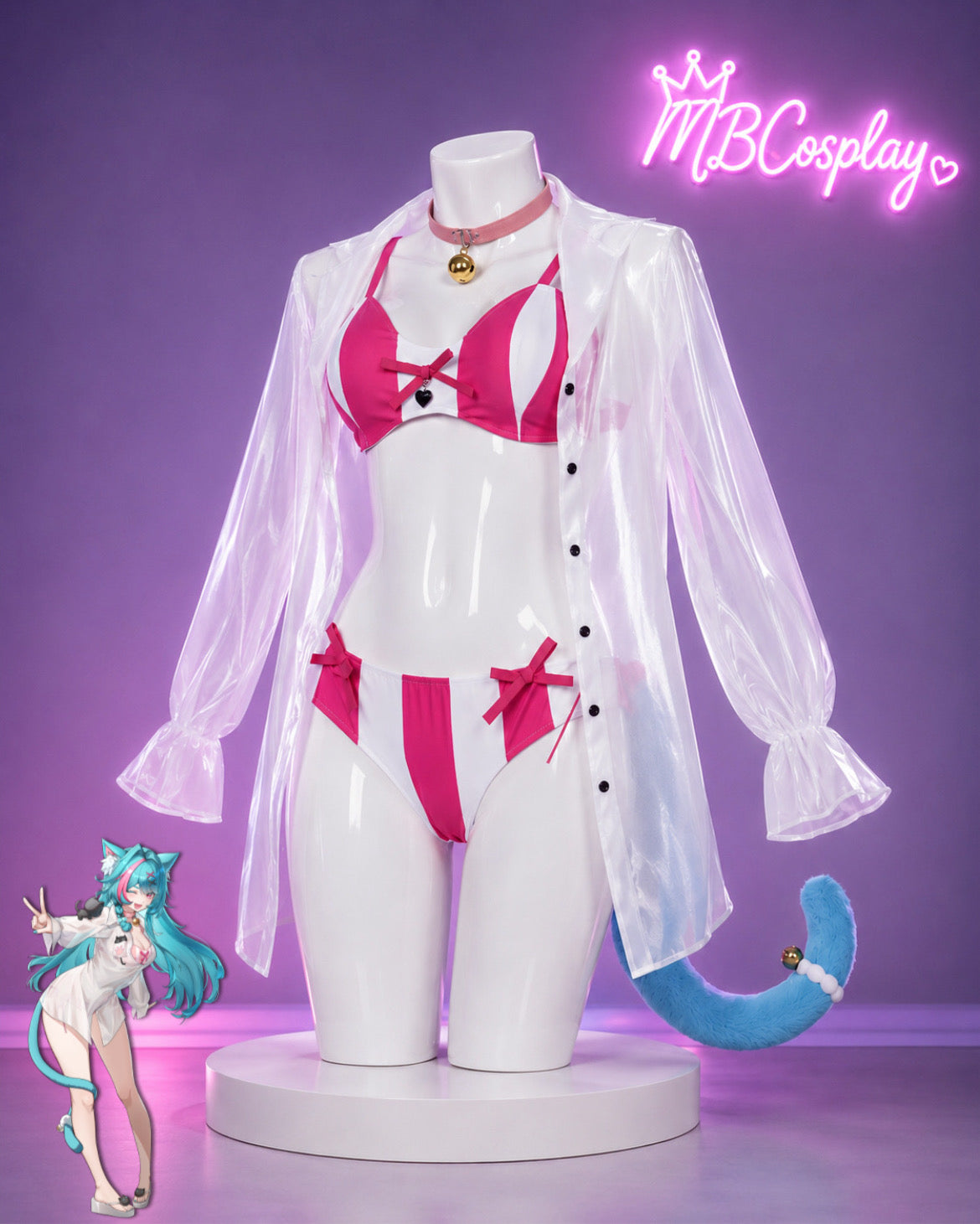 A white mannequin torso wearing a pink and white bikini-style costume with a sheer white long-sleeve jacket, displayed on a purple studio background. A pink neon 'MBCosplay' sign appears in the upper right, and a small anime character figure is placed at the lower left.