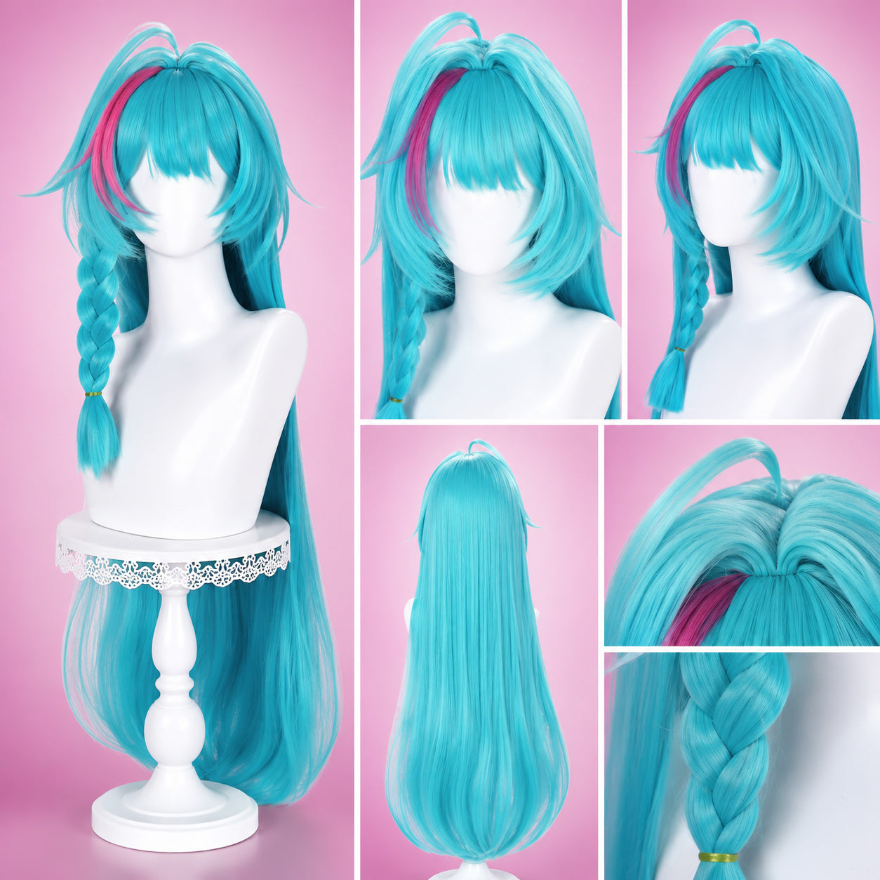 A long turquoise-blue wig with pink streaks and braided side details, shown on white mannequin heads and a white display stand against a pink background. Multiple views are included: front, back, side, and close-up of the braided section.