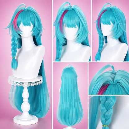A long turquoise-blue wig with pink streaks and braided side details, shown on white mannequin heads and a white display stand against a pink background. Multiple views are included: front, back, side, and close-up of the braided section.