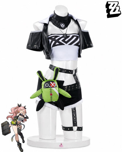 Nicole Demara Cosplay Costume | Zenless Zone Zero Outfit black and white crop top shorts straps and green bag front view