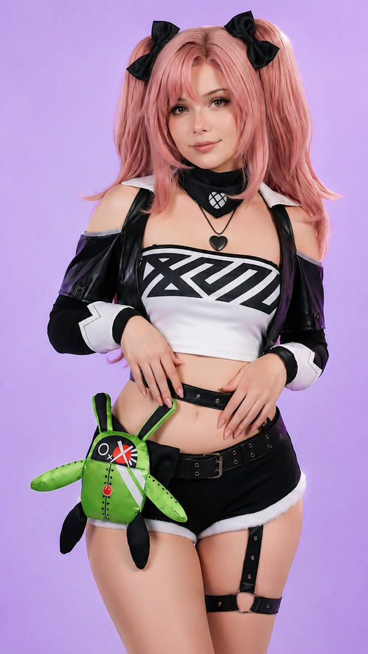 Nicole Demara Zenless Zone Zero cosplay costume and pink wig with black bows and character accessories