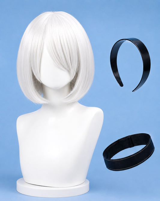 NieR Automata 2B Cosplay Wig – Silver White Bob, headband & Eyepatch showing silver white bob wig with headband and blindfold accessories