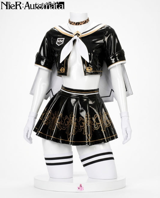 NieR: Automata 2B Sailor Uniform Cosplay | Black Vinyl Edition black vinyl sailor uniform front view with pleated skirt