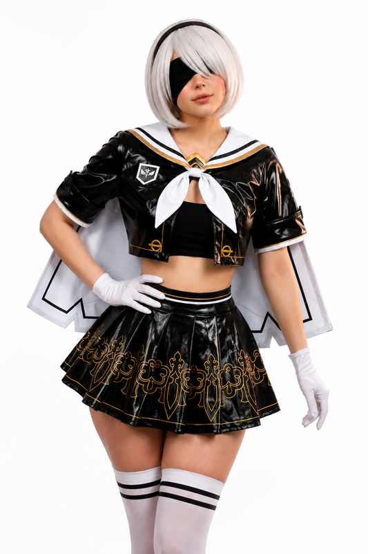 NieR: Automata 2B Sailor Uniform Cosplay | Black Vinyl Edition - model wearing black sailor uniform