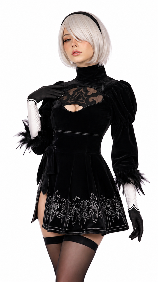 NieR Automata 2B YoRHa cosplay costume with silver bob wig, black embroidered dress, gloves and thigh high stockings