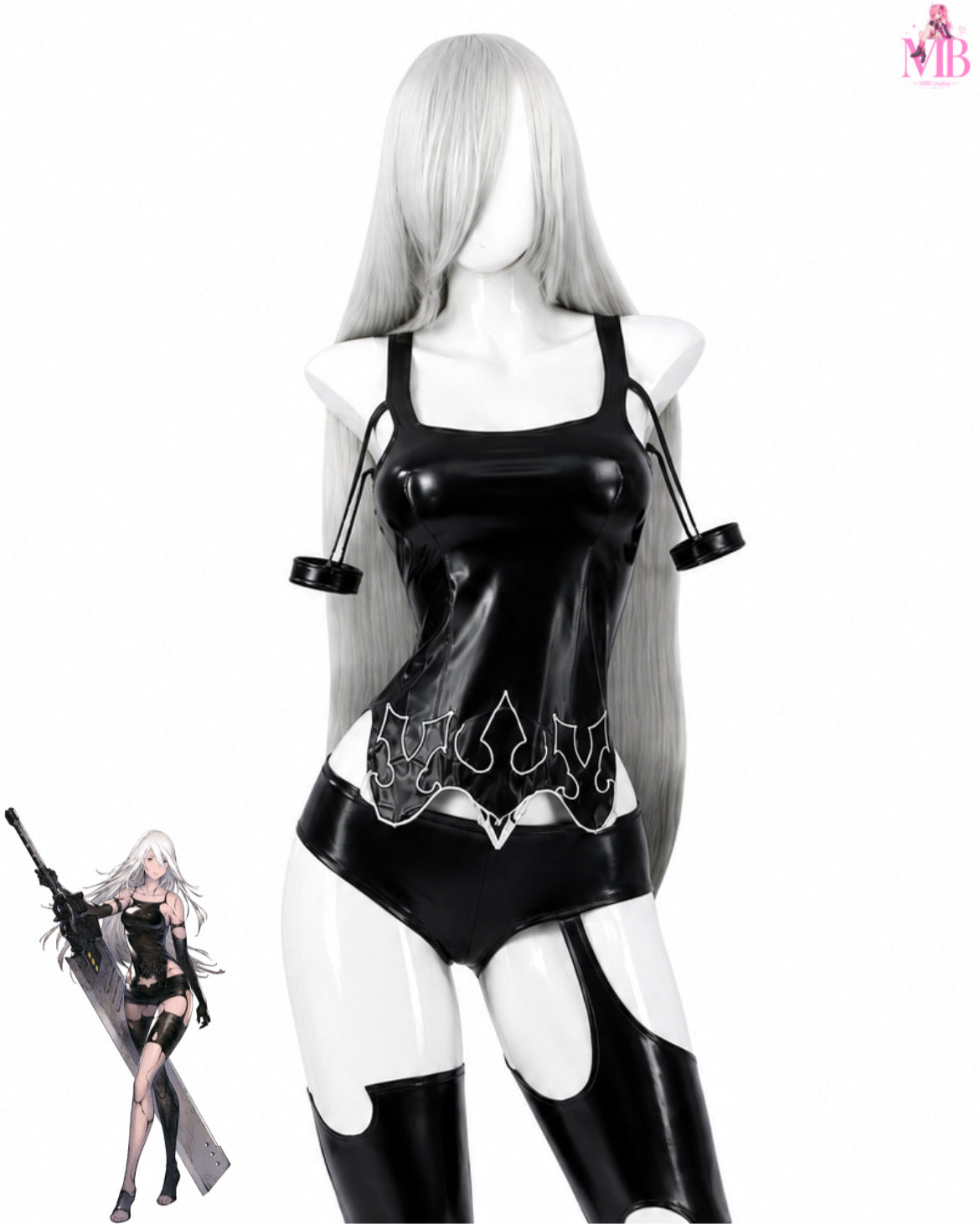 NieR Automata A2 Cosplay Costume YoRHa Type A No. 2 Outfit Full Set and wig black bodysuit and thigh-high boots front view