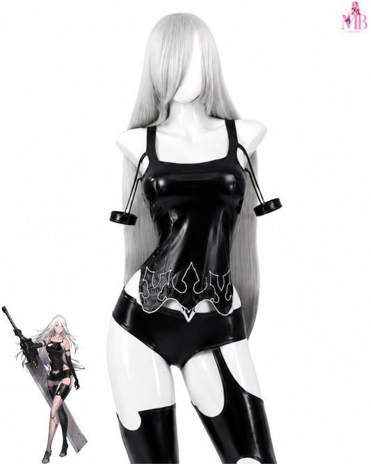 NieR Automata A2 Cosplay Costume YoRHa Type A No. 2 Outfit Full Set and wig black bodysuit and thigh-high boots front view