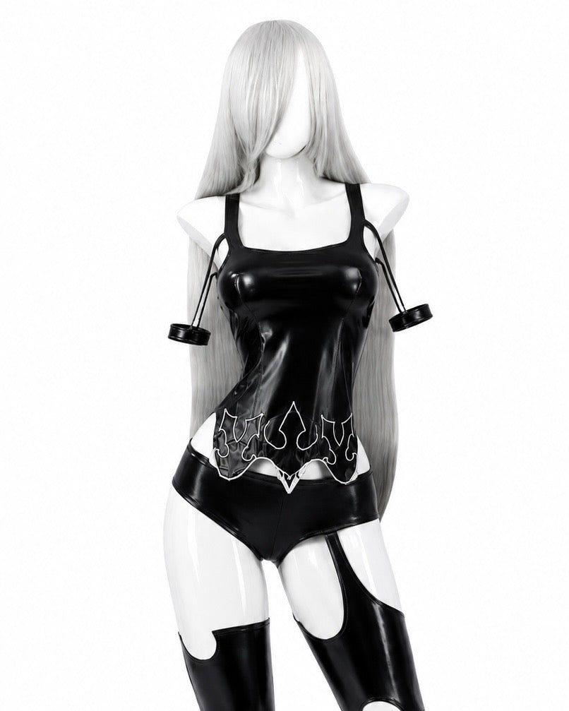 NieR Automata A2 Cosplay Costume YoRHa Type A No. 2 Outfit Full Set and wig black bodysuit front view without character inset