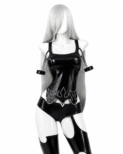 NieR Automata A2 Cosplay Costume YoRHa Type A No. 2 Outfit Full Set and wig black bodysuit front view without character inset