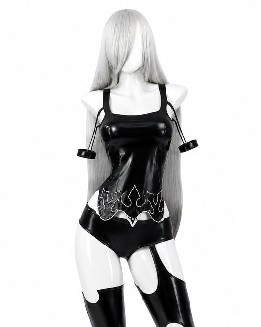 NieR Automata A2 Cosplay Costume YoRHa Type A No. 2 Outfit Full Set and wig black bodysuit front view without character inset